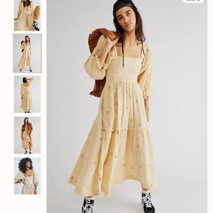 Free People Dahlia Embroidered Maxi Dress XS Yellow Cream